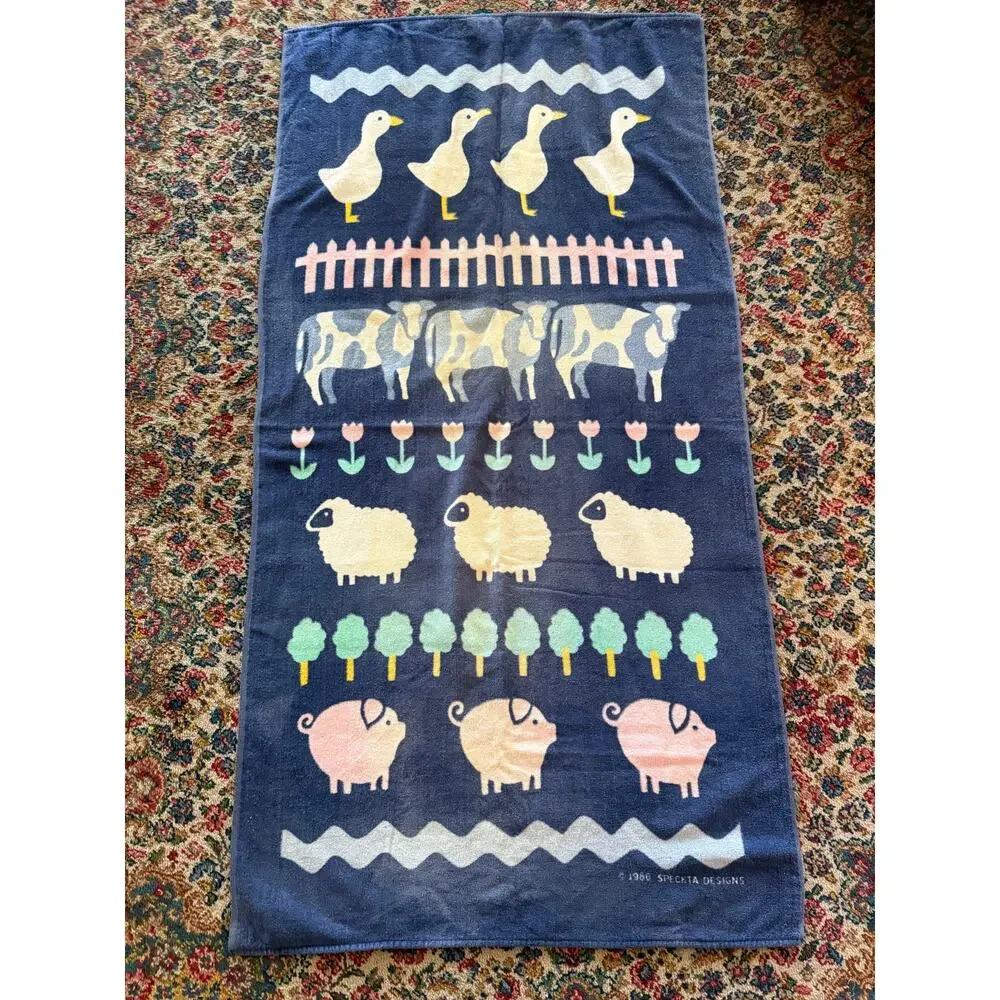 Speckta Designs 1986 Vintage Farm Animal Towel Navy 80s Novelty Geese Pigs Cows